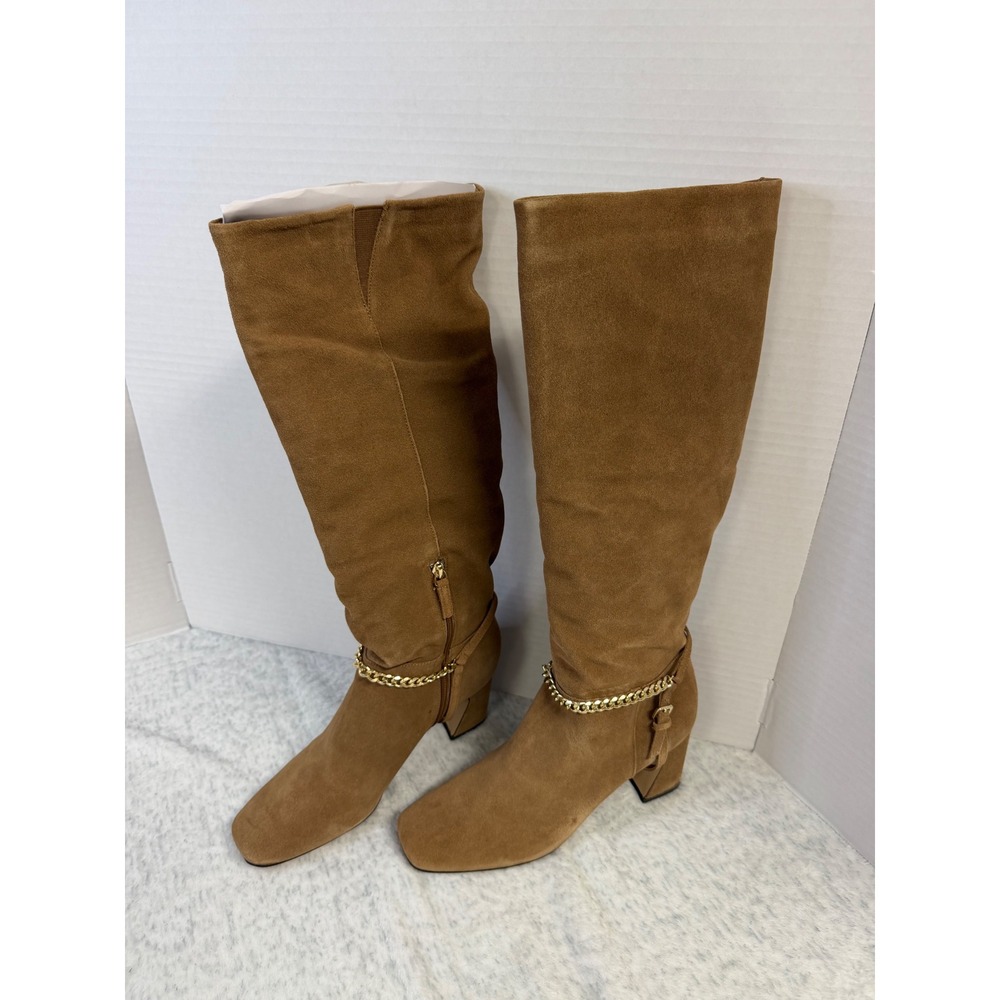 Sanctuary Electric Acorn Brown Suede Tall Boots Square Toe Gold Chain 8.5M NEW‎
